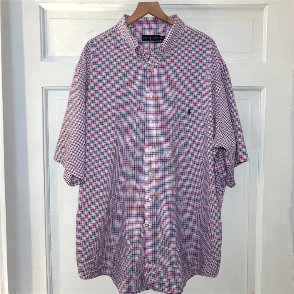 Ralph Lauren Gingham Check Men 3XLT Tall Button Down Short Sleeve Shirt Pink - Picture 4 of 8